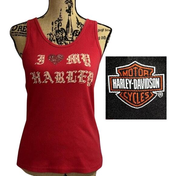 2008 Harley Davidson I Heart My Harley Tank Top Red Rhinestones Trashy Y2k Biker - Picture 1 of 8
